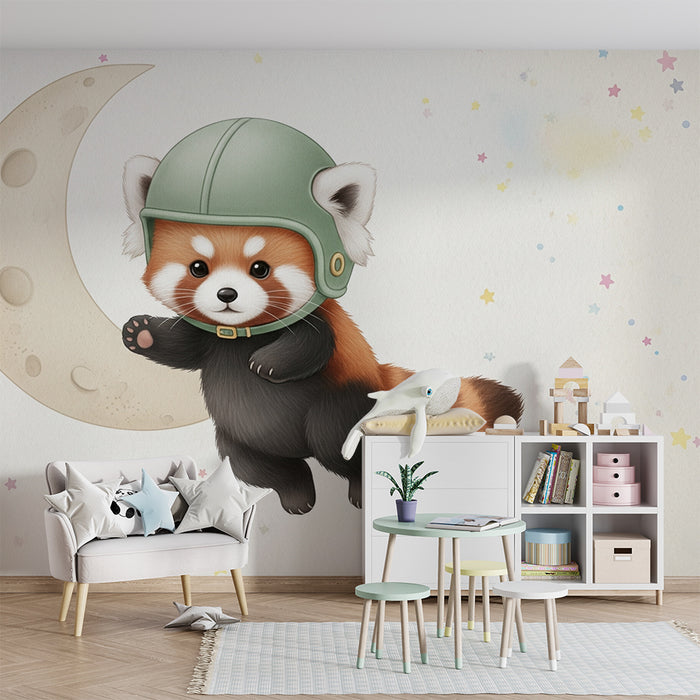 Papier peint chambre bébé | Panda roux astronaute et lune douce