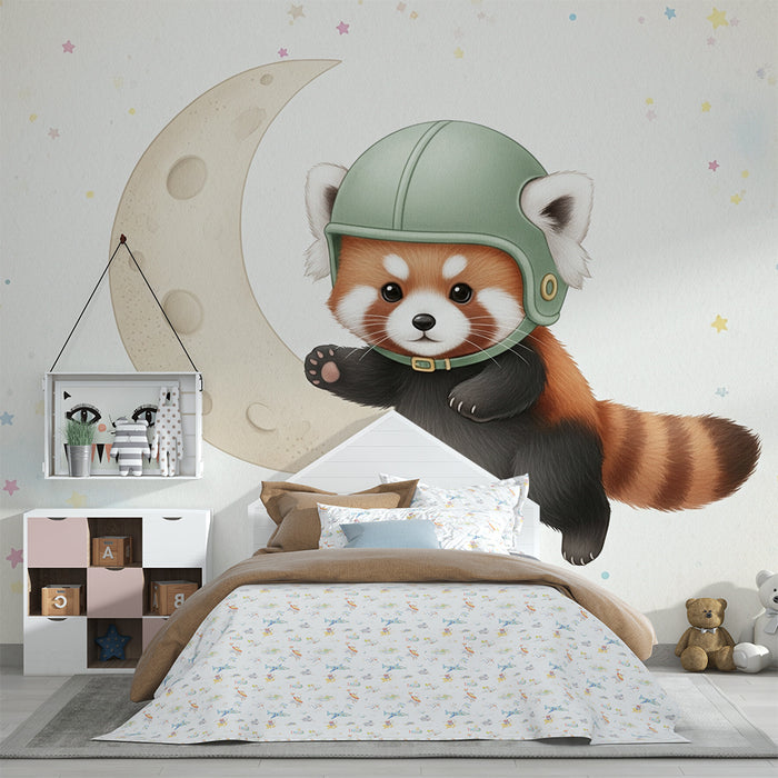 Papier peint chambre bébé | Panda roux astronaute et lune douce