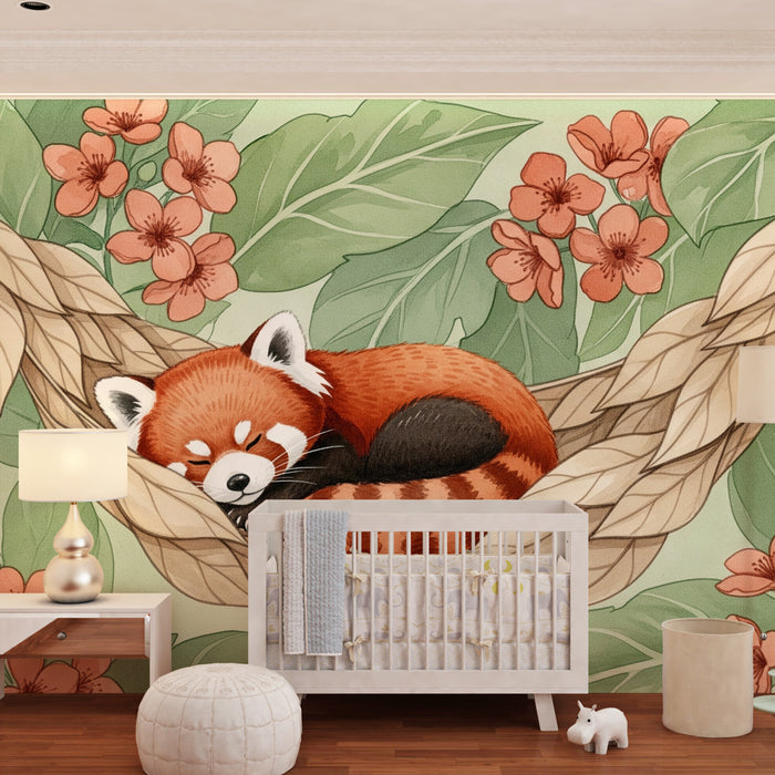 Babyzimmer Tapete | Schlafender Roter Panda inmitten von Blumen
