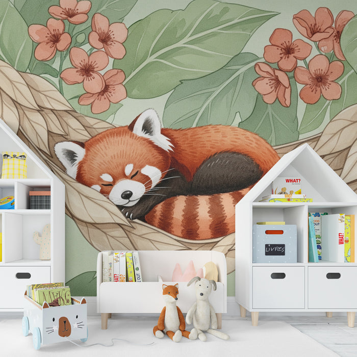 Babyzimmer Tapete | Schlafender Roter Panda inmitten von Blumen