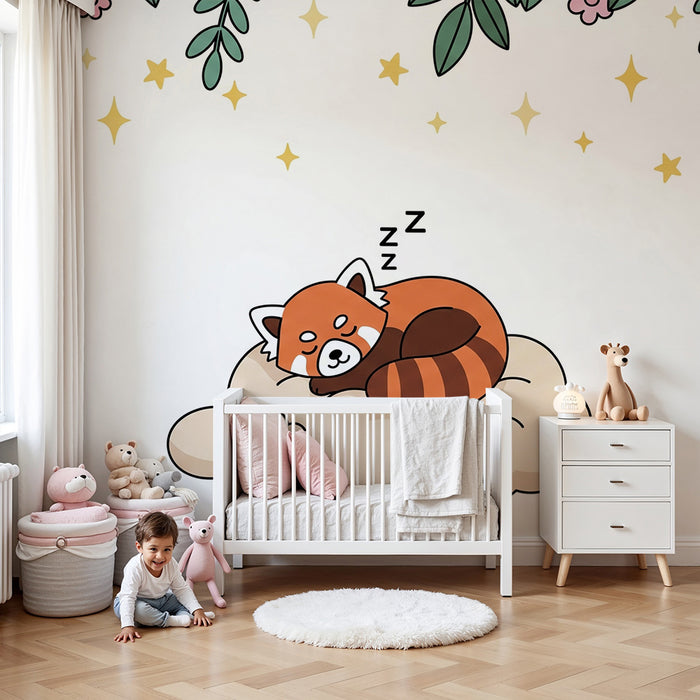 Papier peint chambre bébé | Panda roux endormi dans un nuage