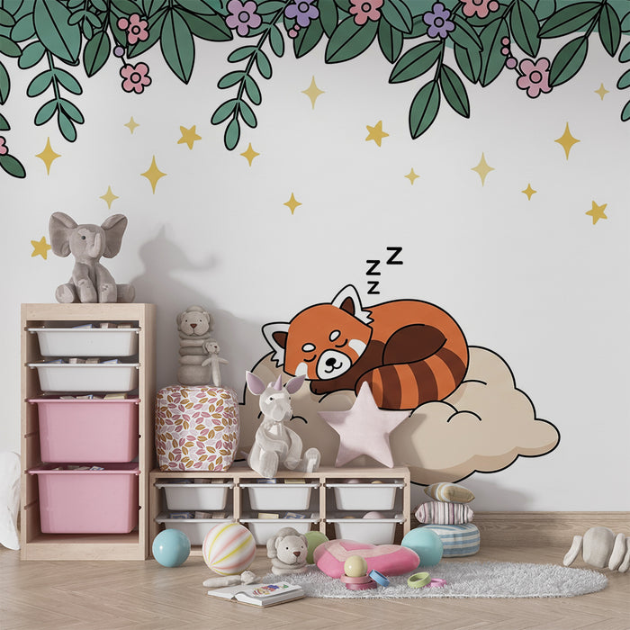Papier peint chambre bébé | Panda roux endormi dans un nuage