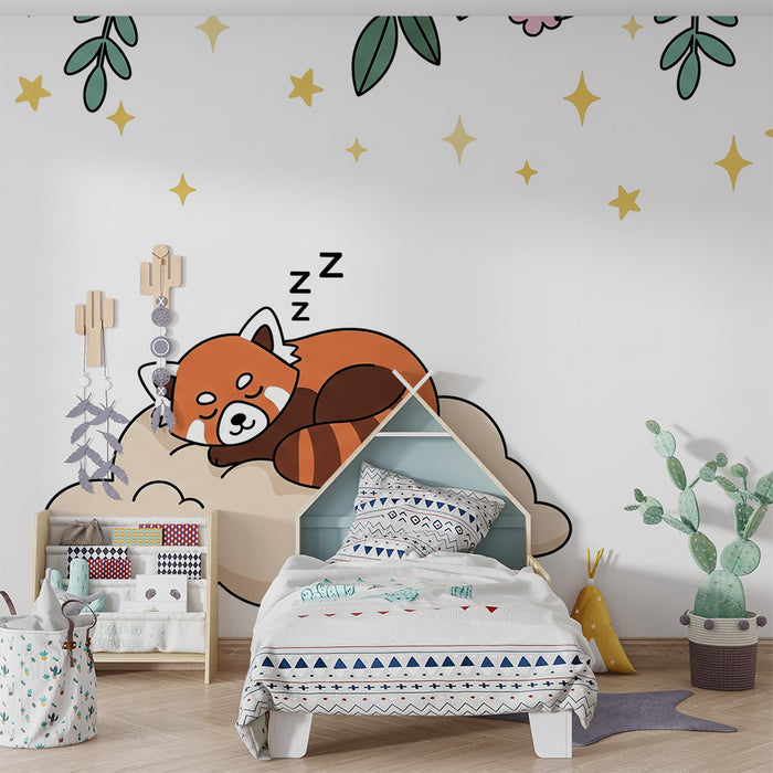 Papier peint chambre bébé | Panda roux endormi dans un nuage
