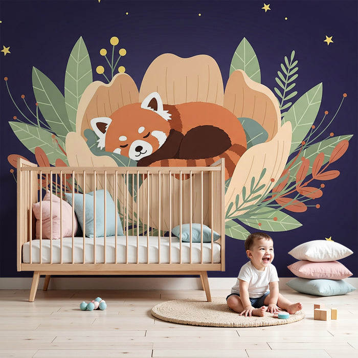 Papier peint chambre bébé | Panda roux endormi dans une fleur