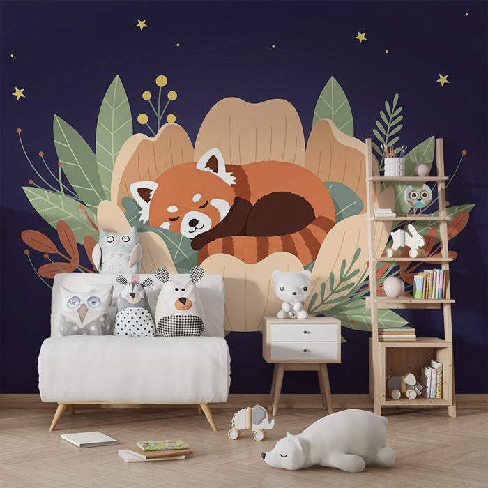 Papier peint chambre bébé | Panda roux endormi dans une fleur