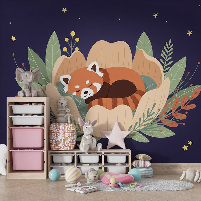 Papier peint chambre bébé | Panda roux endormi dans une fleur