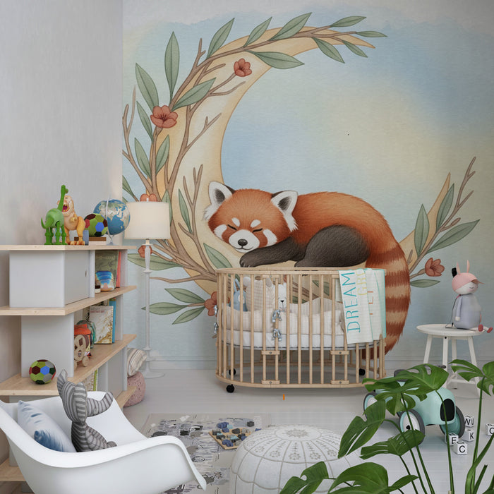 Papier peint chambre bébé | Panda roux endormi sur une lune enchantée