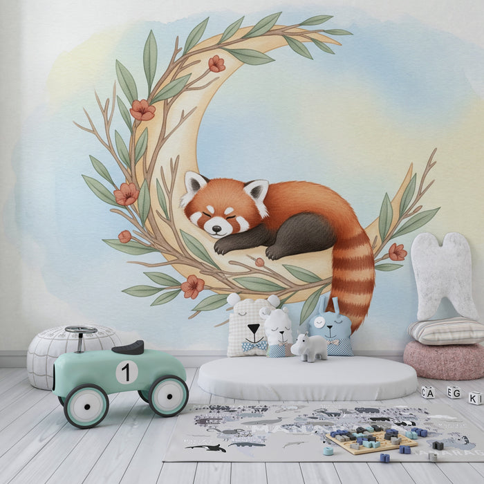 Papier peint chambre bébé | Panda roux endormi sur une lune enchantée