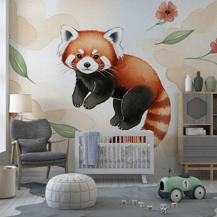 Papier peint chambre bébé | Panda roux espiègle et fleurs délicates