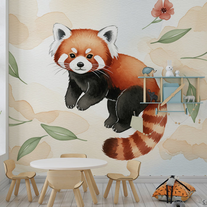 Papier peint chambre bébé | Panda roux espiègle et fleurs délicates