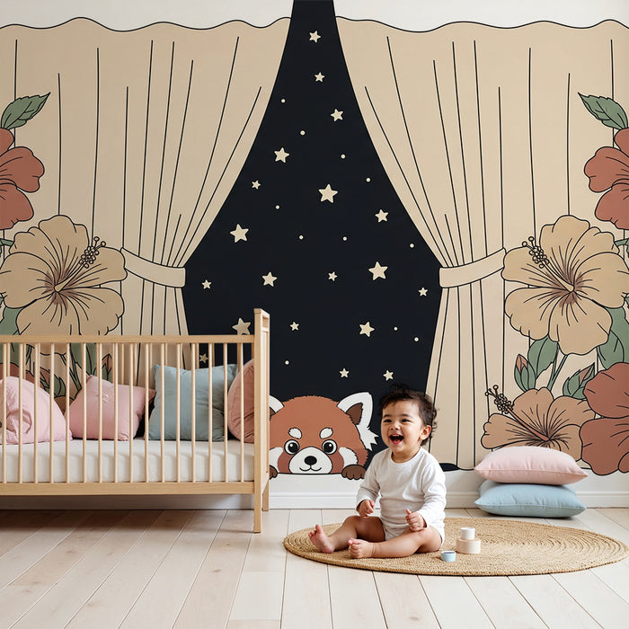 Barntapet | Röd panda och exotiska blommor under stjärnorna