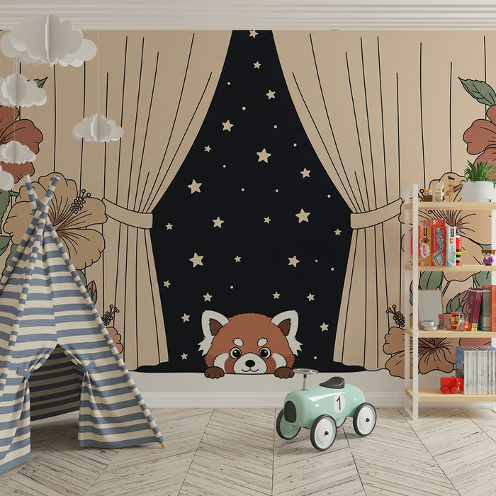 Barntapet | Röd panda och exotiska blommor under stjärnorna