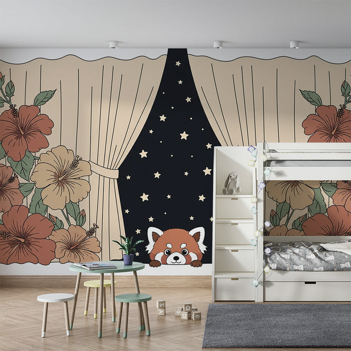 Barntapet | Röd panda och exotiska blommor under stjärnorna