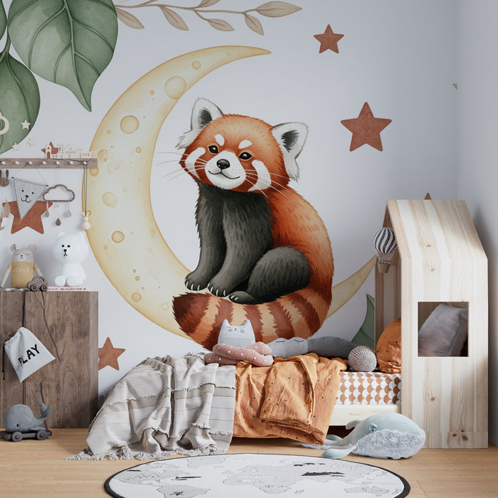 Papier peint chambre bébé | Panda roux et lune étoilée