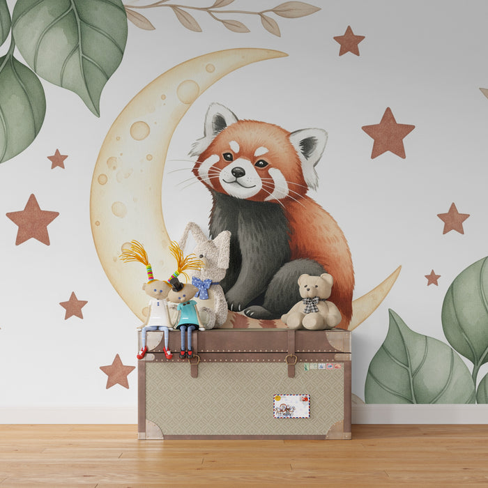 Papier peint chambre bébé | Panda roux et lune étoilée