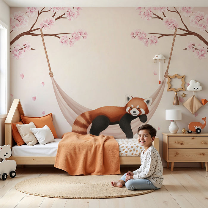 Tapet za detska staia | Спокоен червен панда в хамак под цъфтящите череши