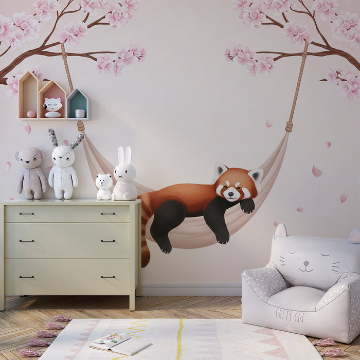 Tapet za detska staia | Спокоен червен панда в хамак под цъфтящите череши