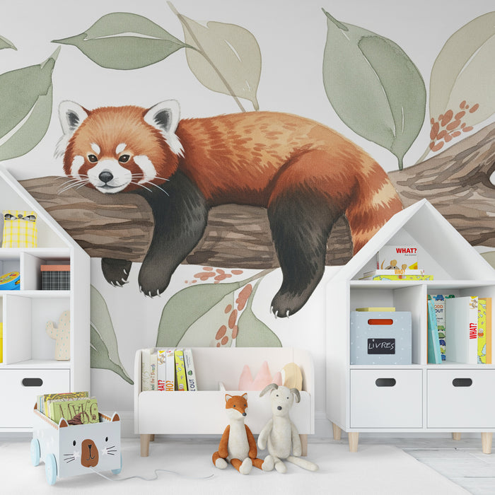 Carta da parati bambini | Panda rosso tranquillo e fogliame tropicale