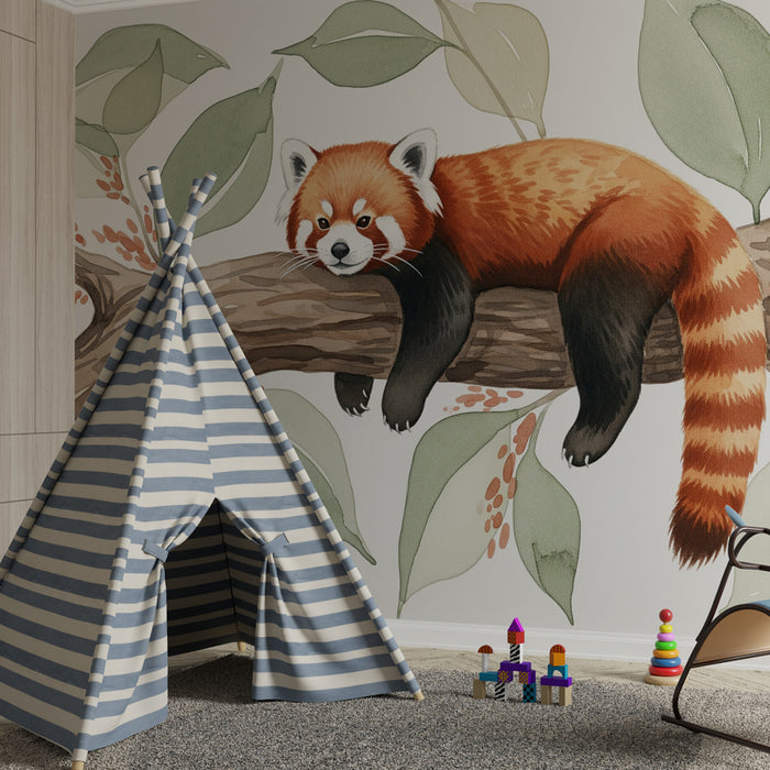 Carta da parati bambini | Panda rosso tranquillo e fogliame tropicale