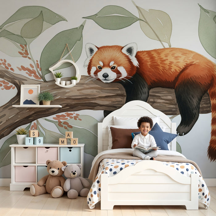 Carta da parati bambini | Panda rosso tranquillo e fogliame tropicale