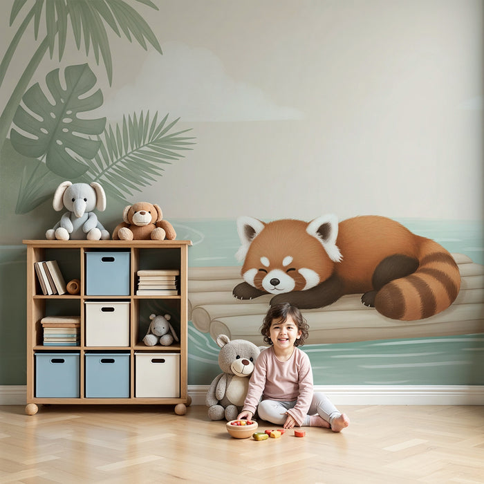 Papier peint chambre bébé | Panda roux paisible sur un radeau