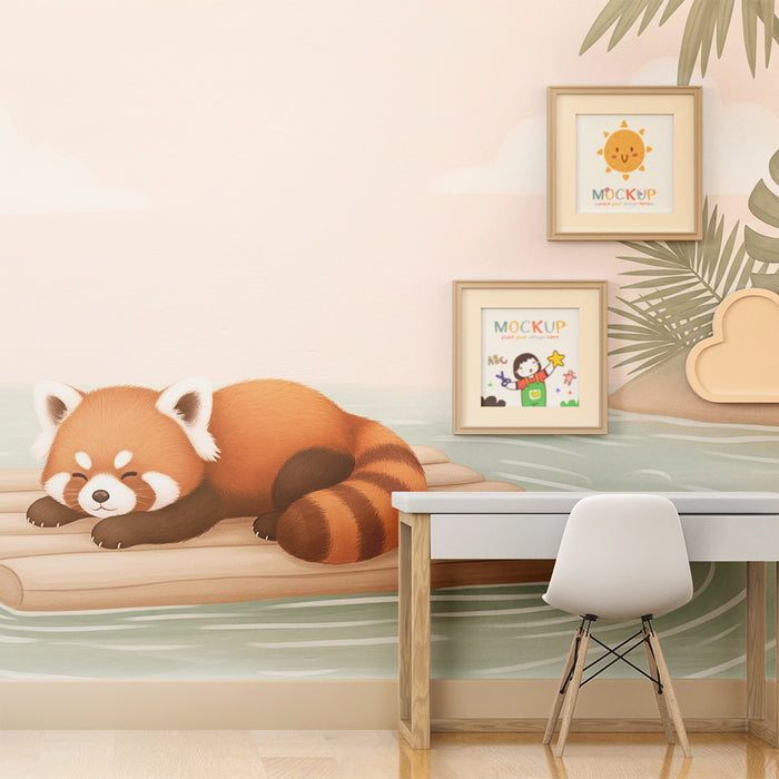 Papier peint chambre bébé | Panda roux paisible sur un radeau