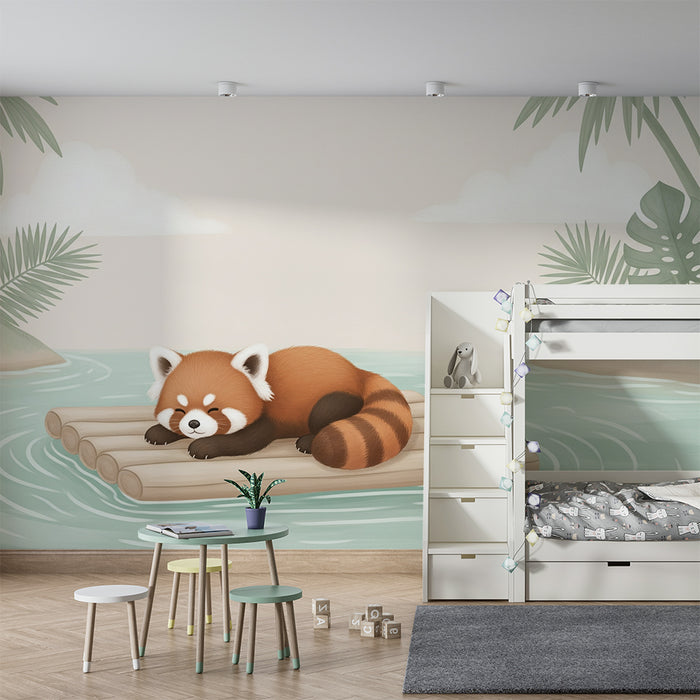 Papier peint chambre bébé | Panda roux paisible sur un radeau