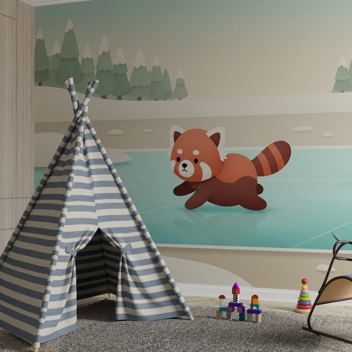 Papel pintado infantil | Panda rojo en un lago congelado