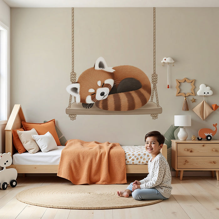 Papier peint chambre bébé | Panda roux sur une balançoire