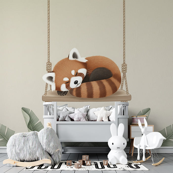 Papier peint chambre bébé | Panda roux sur une balançoire