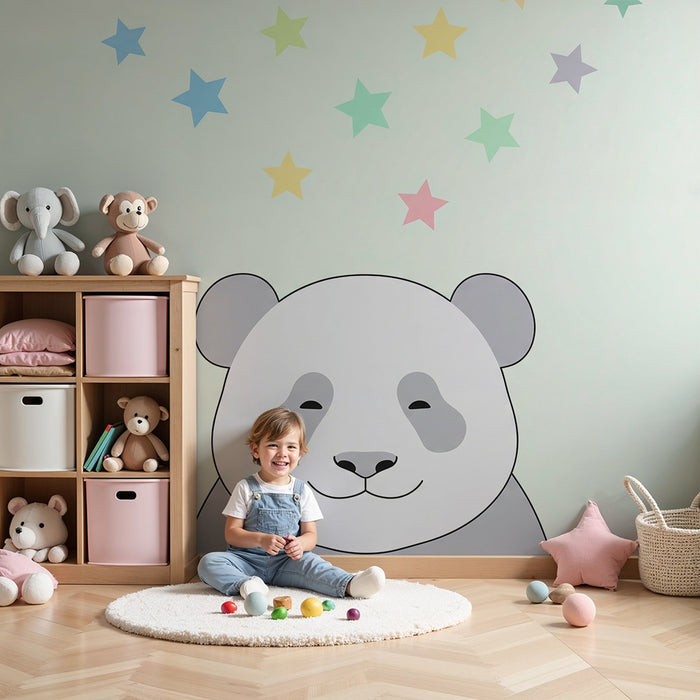 Babyzimmer Tapete | Lächelnder Panda mit Pastellsternen