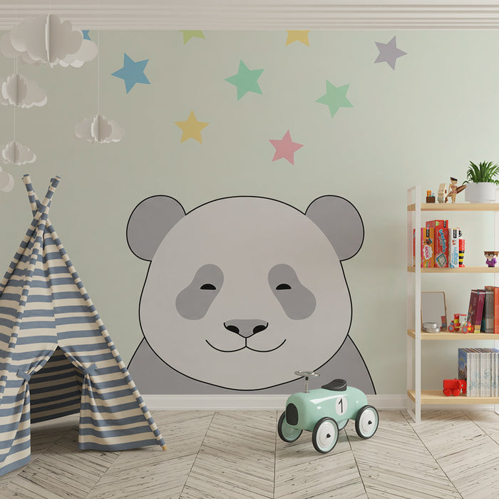 Babyzimmer Tapete | Lächelnder Panda mit Pastellsternen