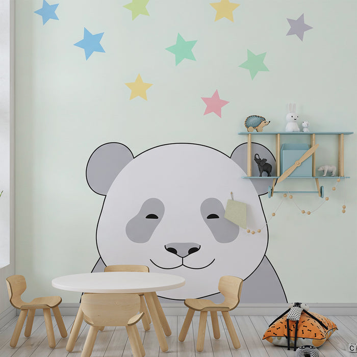 Babyzimmer Tapete | Lächelnder Panda mit Pastellsternen
