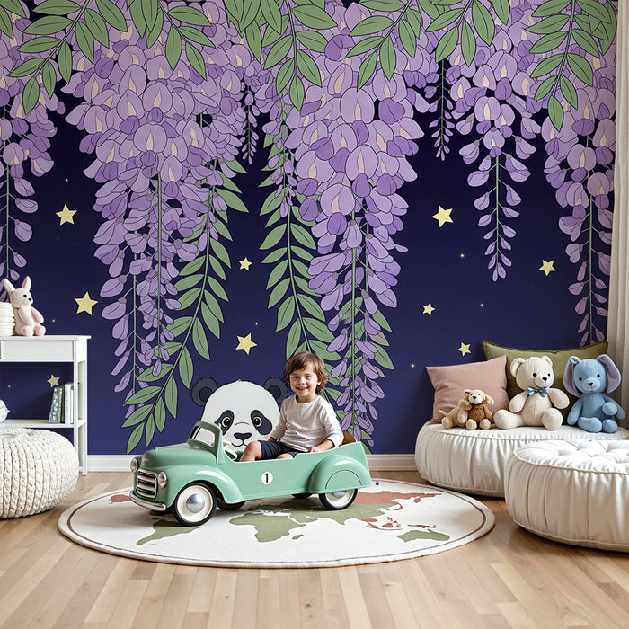 Børneværelse tapet | Nysgerrig panda under blomster og stjerner