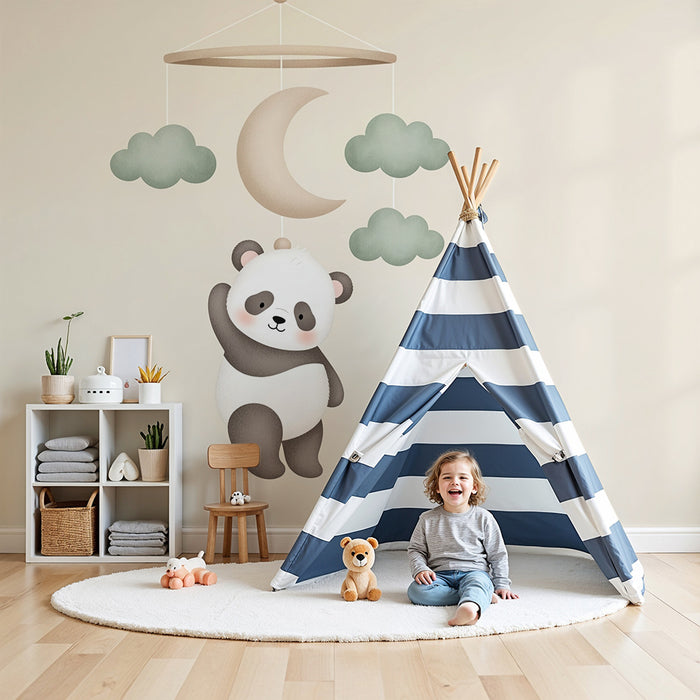 Papier peint chambre bébé | Panda suspendu et nuages doux