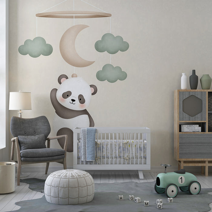 Papier peint chambre bébé | Panda suspendu et nuages doux