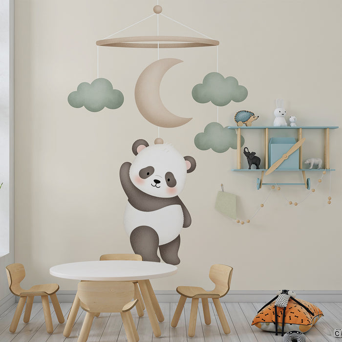 Papier peint chambre bébé | Panda suspendu et nuages doux