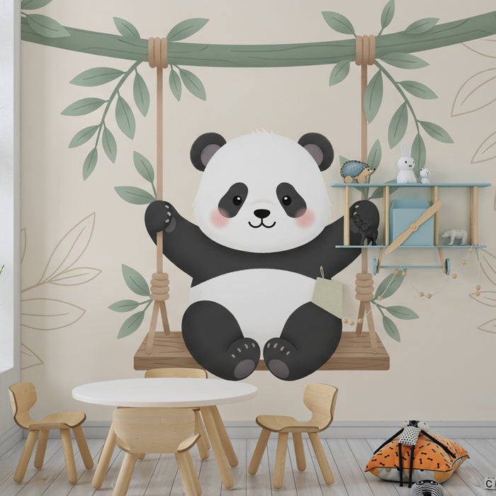 Papier de parede pre detskú izbu | Rozkošný panda na hojdačke