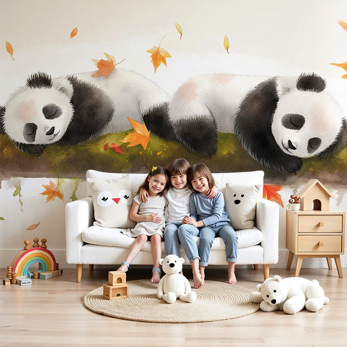 Babyzimmer Tapete | Schlafende Pandas umgeben von Herbstblättern