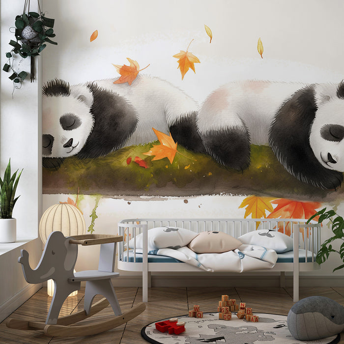 Babyzimmer Tapete | Schlafende Pandas umgeben von Herbstblättern
