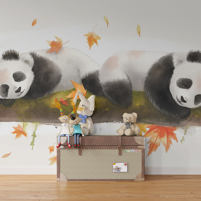 Babyzimmer Tapete | Schlafende Pandas umgeben von Herbstblättern