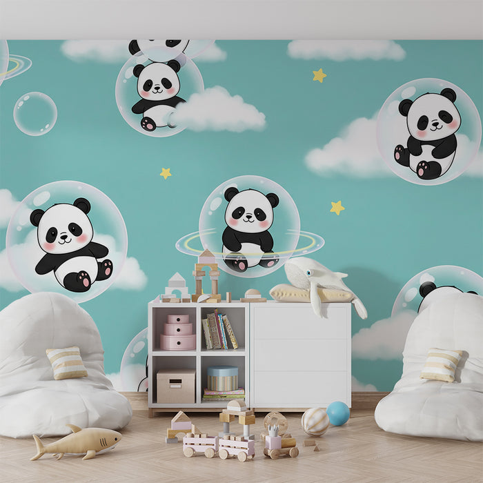 Papier peint chambre bébé | Pandas mignons dans des bulles et nuages