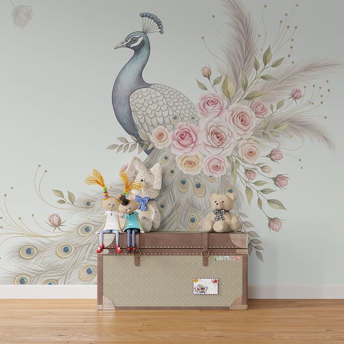 Carta da parati bambini | Pavone elegante circondato da delicate rose e piume