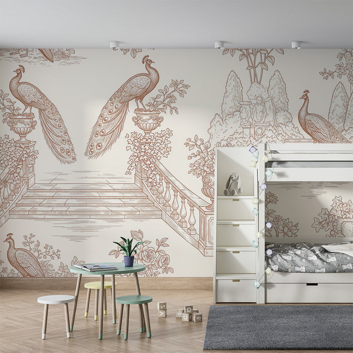 Here is the translation in Estonian:

**Beebitoa tapeet | Elegantsed paabulinnud ja õitsevad aiad toile de jouy stiilis**