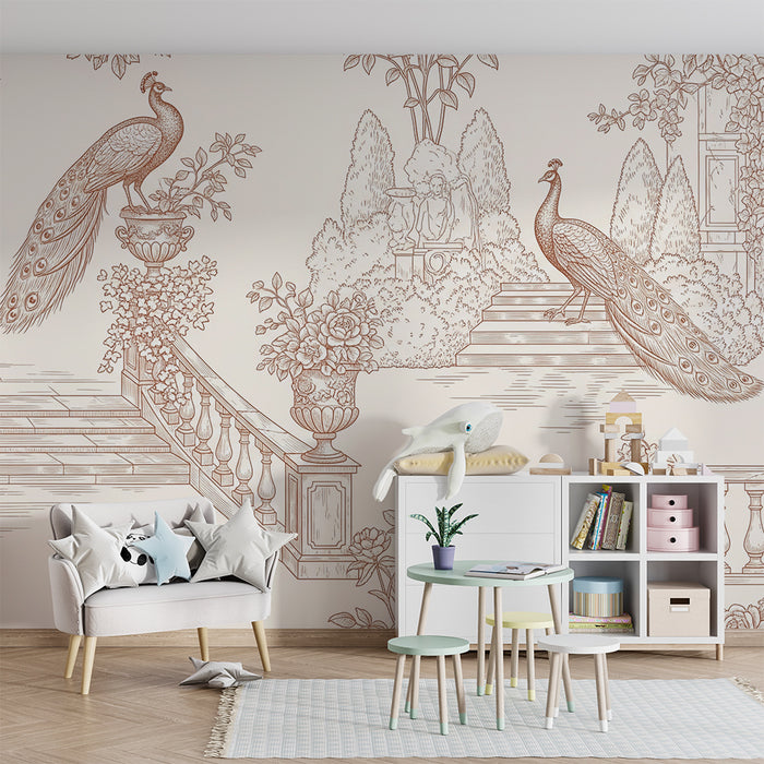 Here is the translation in Estonian:

**Beebitoa tapeet | Elegantsed paabulinnud ja õitsevad aiad toile de jouy stiilis**