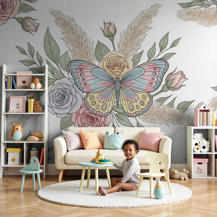 Papier peint chambre bébé | Papillon coloré et roses délicates sur fond blanc