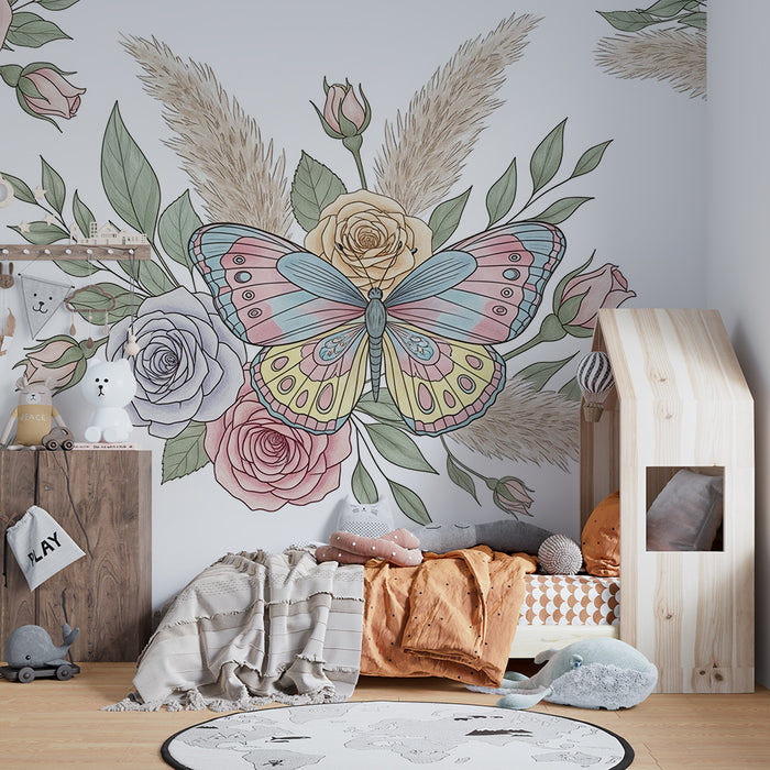 Papier peint chambre bébé | Papillon coloré et roses délicates sur fond blanc