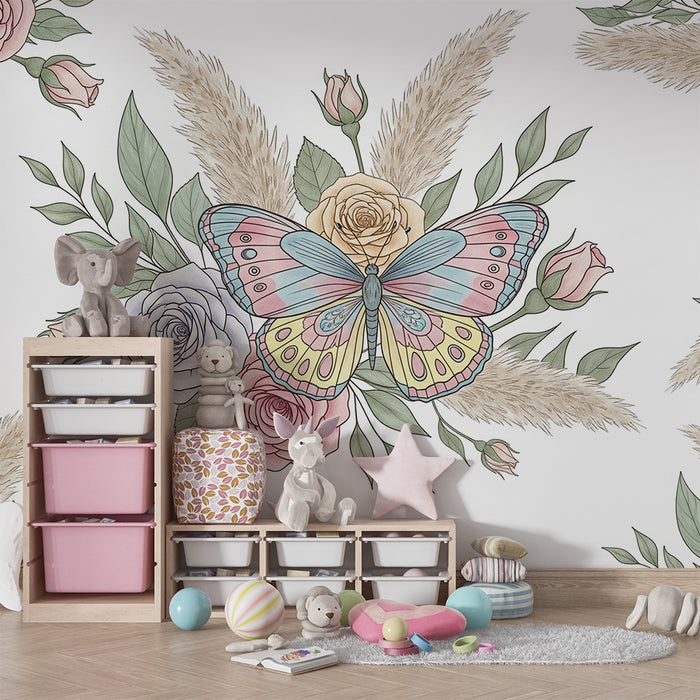 Papier peint chambre bébé | Papillon coloré et roses délicates sur fond blanc