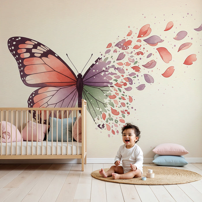 Papier peint chambre bébé | Papillon délicat avec pétales colorés