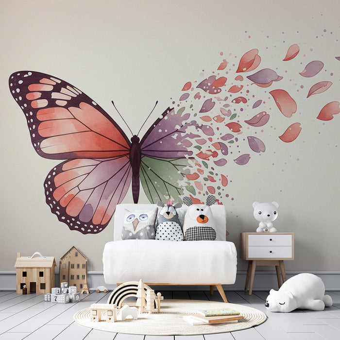 Papier peint chambre bébé | Papillon délicat avec pétales colorés